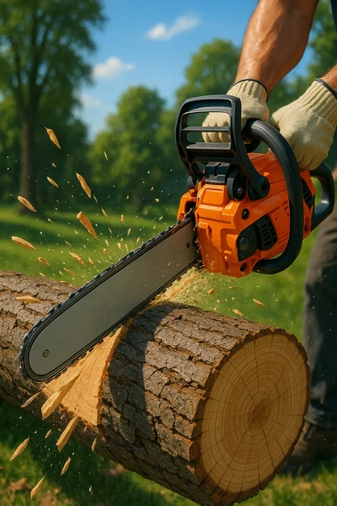 Chainsaw cutting through a tree trunk during a tree removal job
