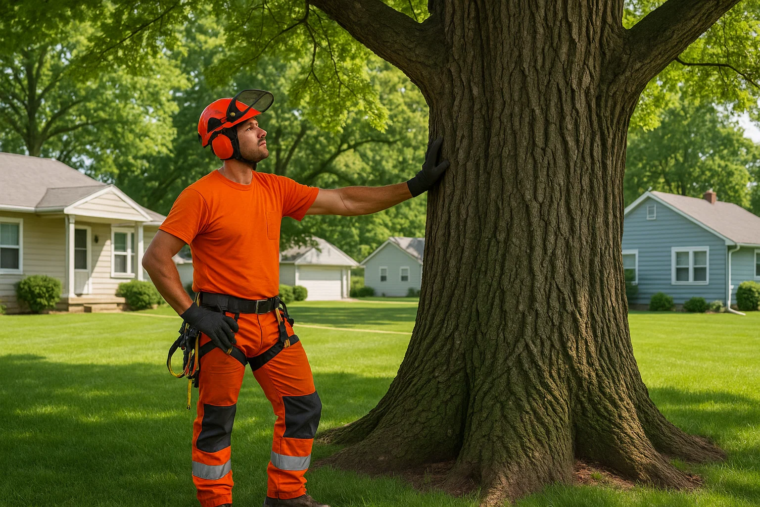 Arborist in safety gear using a chainsaw to trim a large tree